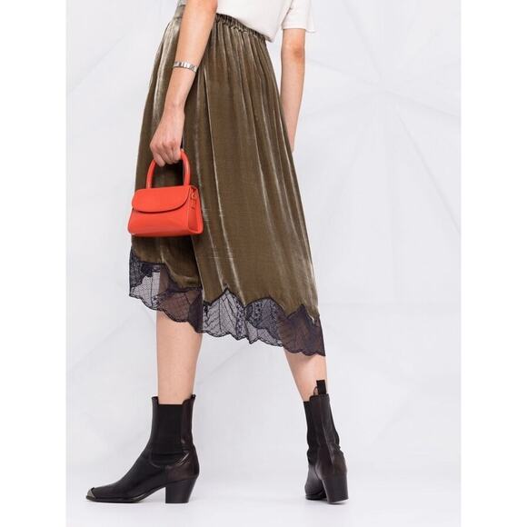 Zadig & Voltaire Joslin Velvet Midi Skirt Brown Green High Low Lace Trim Sz 36/S - Picture 5 of 16